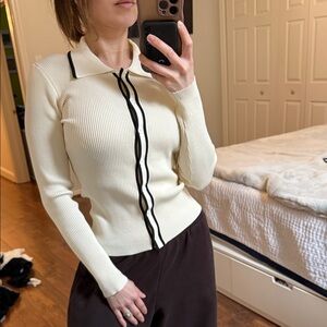 The Workshop Cream Ribbed Sweater with Black Trim